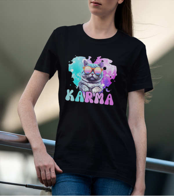 Karma Cat In Sunglasses With Heart-Shaped Watercolor Background T-Shirt