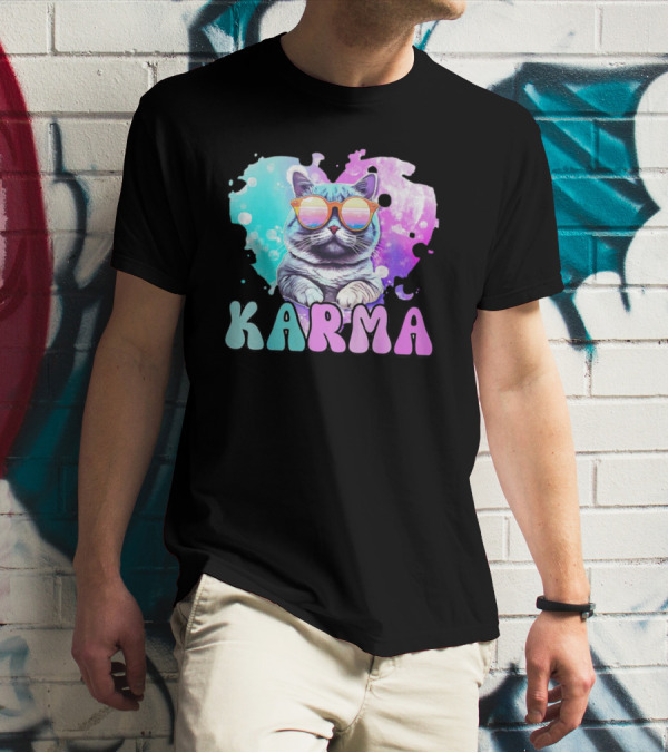 Karma Cat In Sunglasses With Heart-Shaped Watercolor Background T-Shirt