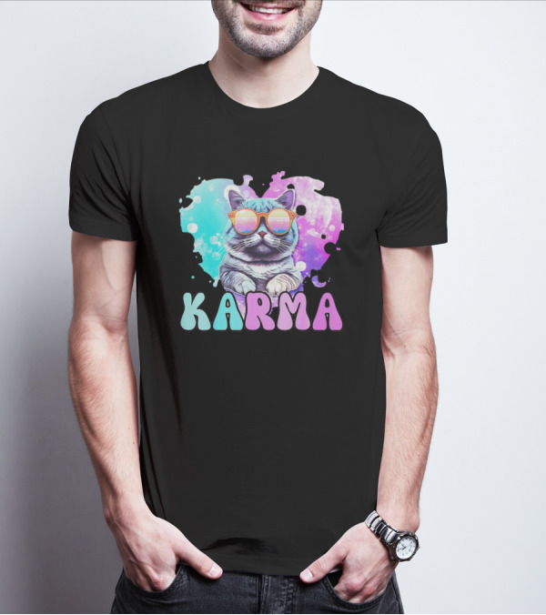 Karma Cat In Sunglasses With Heart-Shaped Watercolor Background T-Shirt