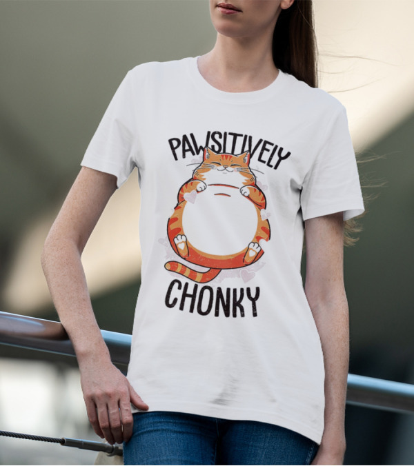 Pawsitively Chonky Cat With Hearts And Smiling Orange Tabby T-Shirt