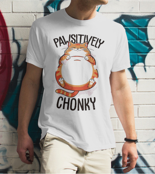 Pawsitively Chonky Cat With Hearts And Smiling Orange Tabby T-Shirt