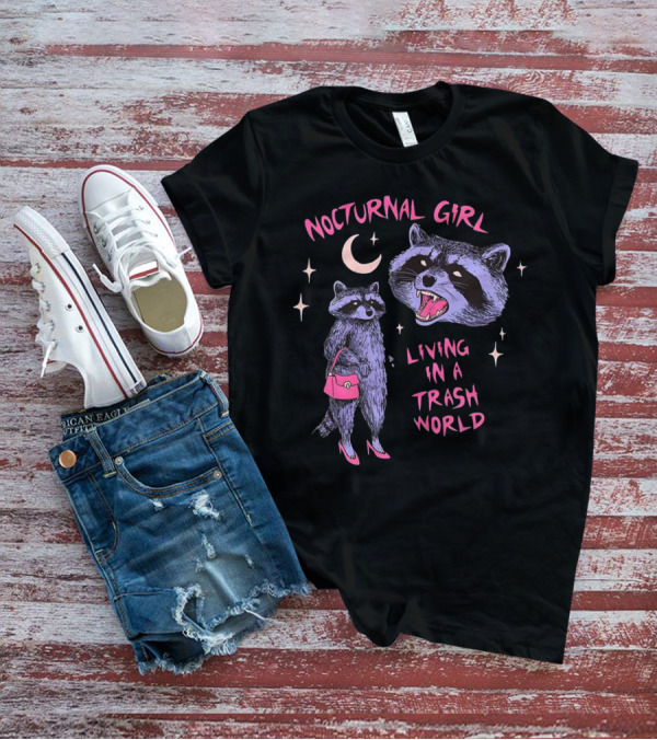 Nocturnal Girl Raccoon Living In A Trash World Under Moon And Stars T-Shirt