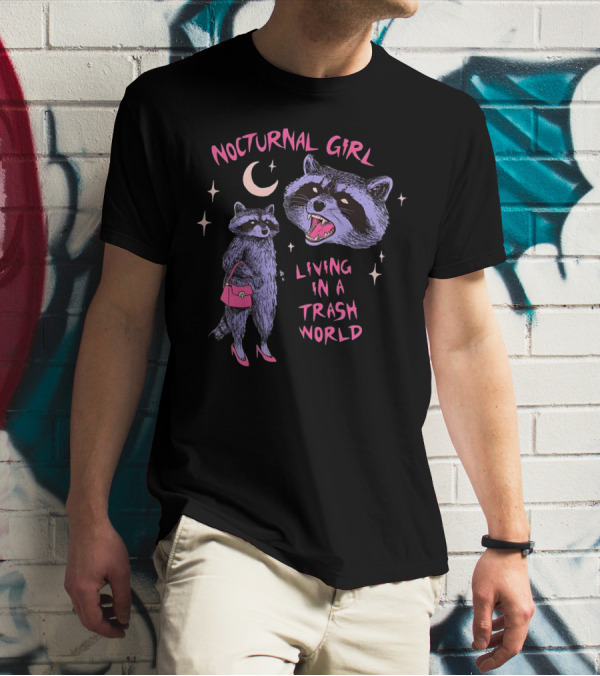 Nocturnal Girl Raccoon Living In A Trash World Under Moon And Stars T-Shirt