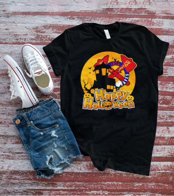 Atlanta Braves 1876 Happy Halloween Haunted House Pumpkins Bats T-Shirt
