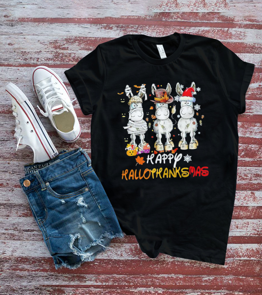 Happy Hallothanksmas Funny Horses Mummy Witch Santa Hats T-Shirt