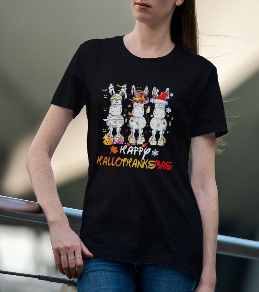Happy Hallothanksmas Funny Horses Mummy Witch Santa Hats T-Shirt