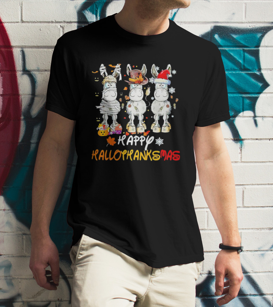 Happy Hallothanksmas Funny Horses Mummy Witch Santa Hats T-Shirt