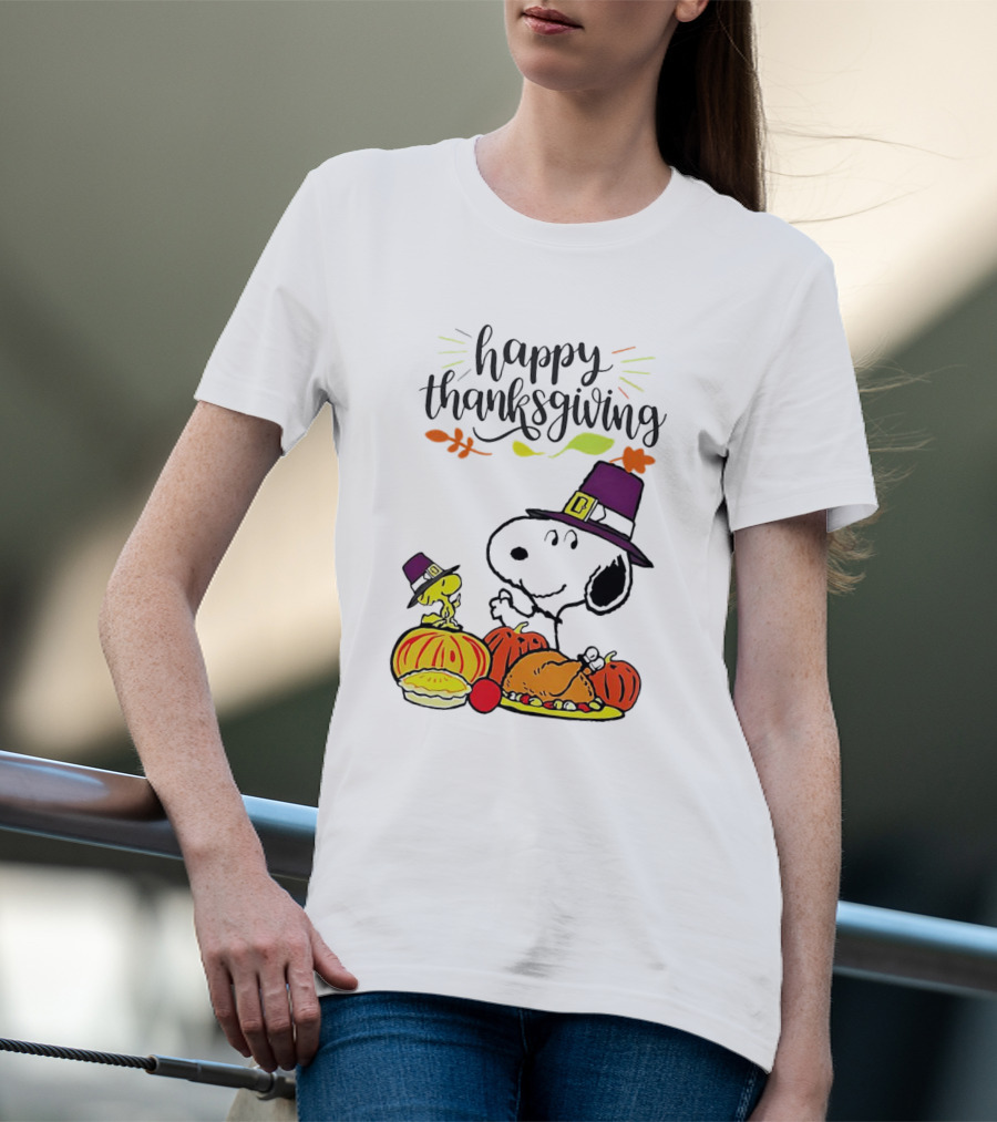 Thanksgiving Snoopy And Woodstock With Pilgrim Hats Feast T-Shirt