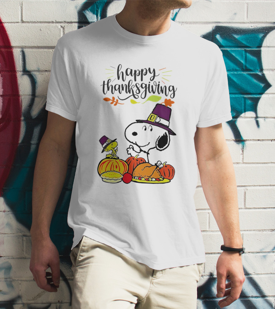 Thanksgiving Snoopy And Woodstock With Pilgrim Hats Feast T-Shirt