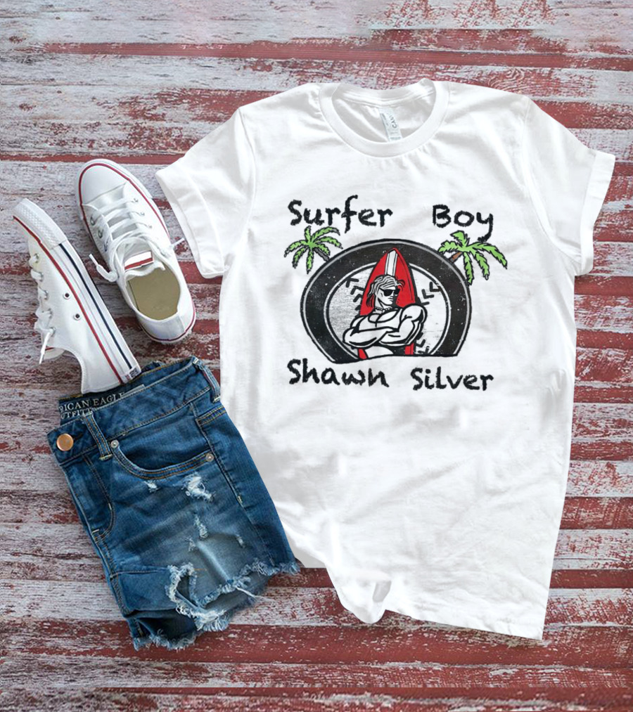 Surfer Boy Shawn Silver Palm Trees Red Surfboard T-Shirt