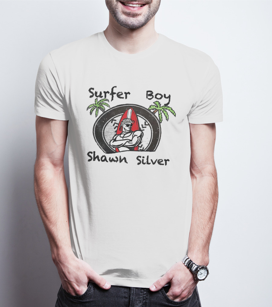 Surfer Boy Shawn Silver Palm Trees Red Surfboard T-Shirt