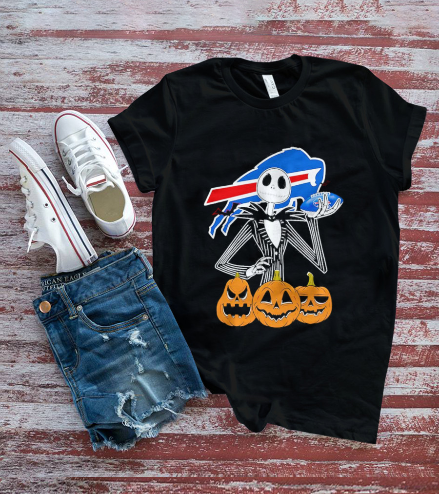 Buffalo Bills Jack Skellington Holding Football Halloween Pumpkins T-Shirt