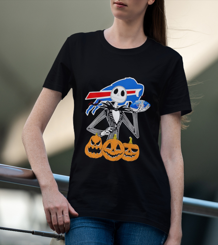 Buffalo Bills Jack Skellington Holding Football Halloween Pumpkins T-Shirt