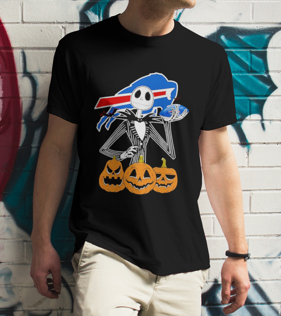 Buffalo Bills Jack Skellington Holding Football Halloween Pumpkins T-Shirt