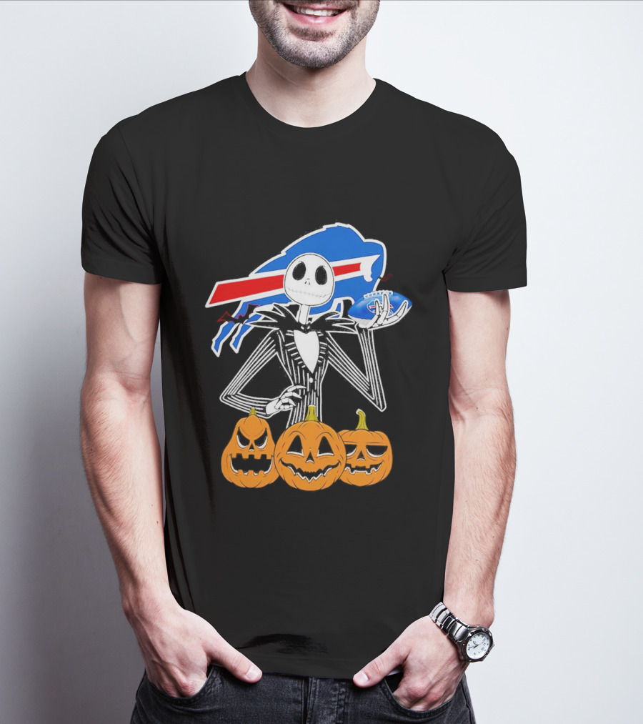 Buffalo Bills Jack Skellington Holding Football Halloween Pumpkins T-Shirt