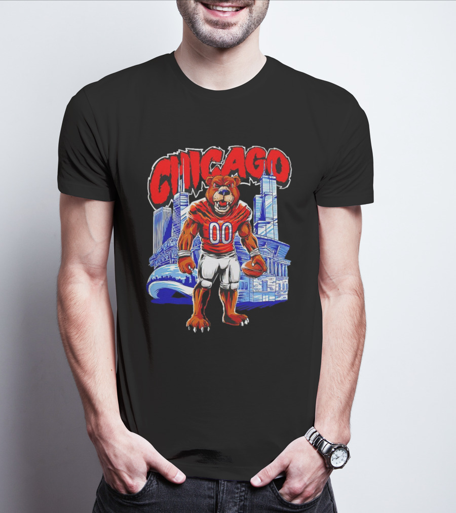 Chicago Bears Mascot Cartoon With City Skyline T-Shirt
