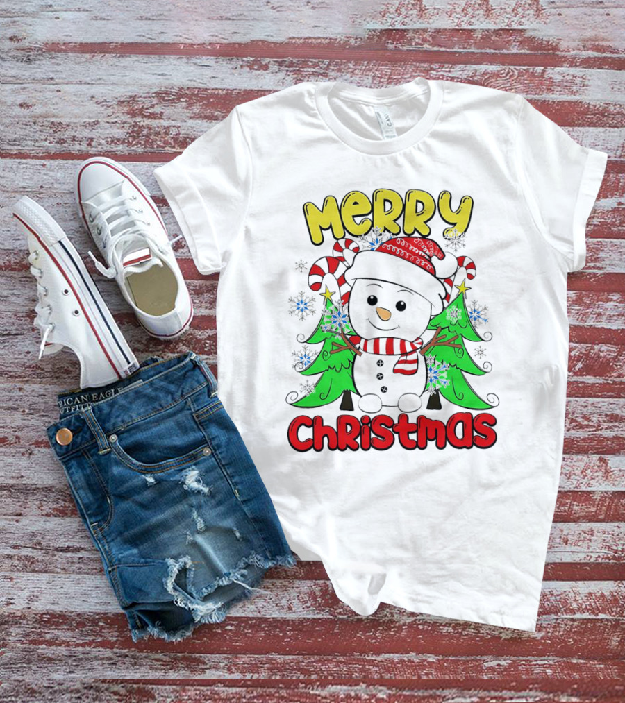 Merry Christmas Snowman With Candy Canes And Snowflakes T-Shirt