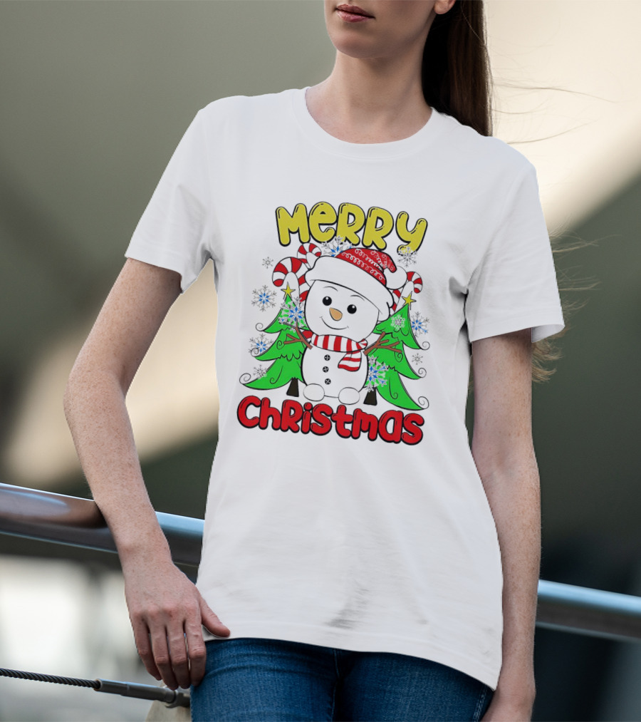Merry Christmas Snowman With Candy Canes And Snowflakes T-Shirt