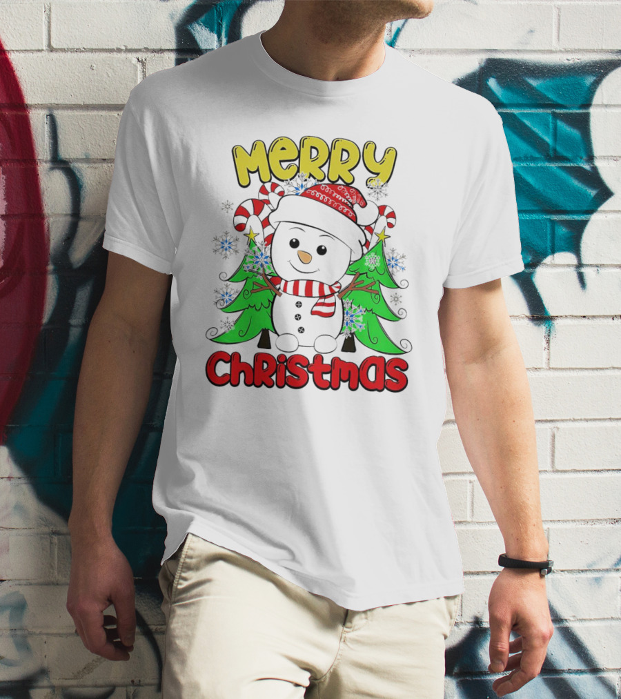 Merry Christmas Snowman With Candy Canes And Snowflakes T-Shirt