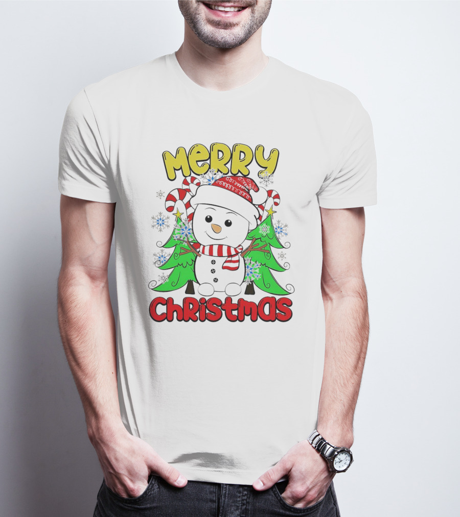 Merry Christmas Snowman With Candy Canes And Snowflakes T-Shirt