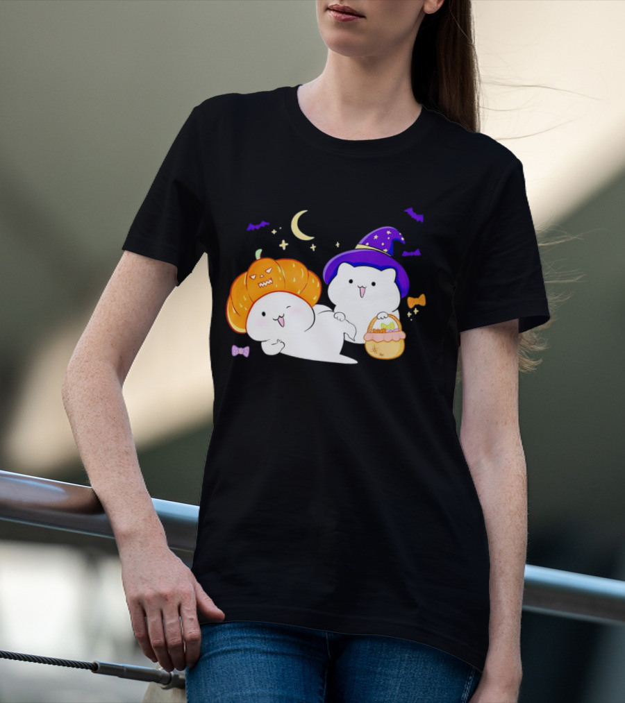 Bongo Cat Meme Halloween Pumpkin Witch Hat Moon Stars Bats T-Shirt