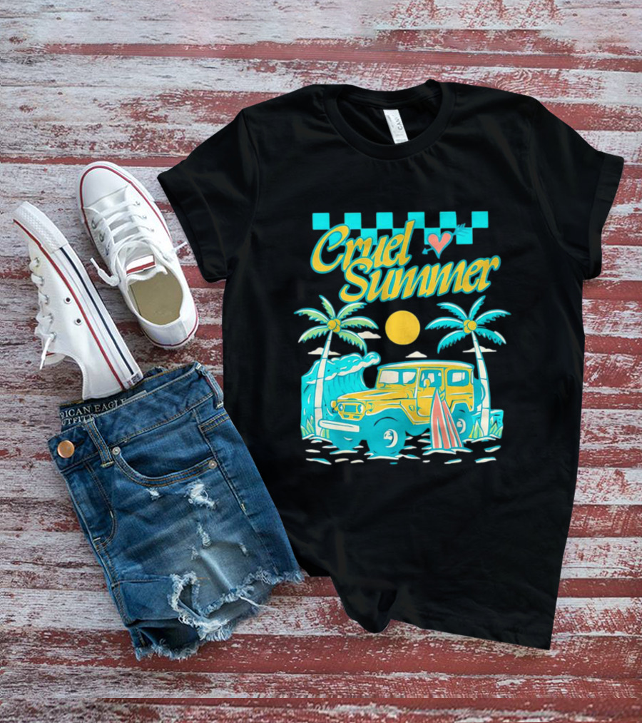 Cruel Summer Beach Vintage Jeep Palm Trees Retro Sun Wave Heart T-Shirt
