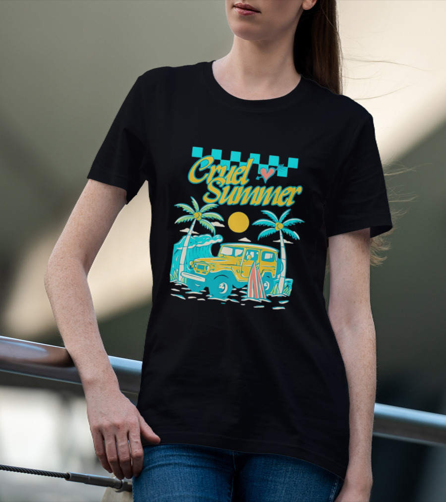Cruel Summer Beach Vintage Jeep Palm Trees Retro Sun Wave Heart T-Shirt