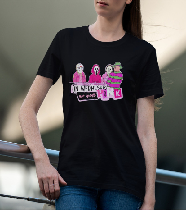 On Wednesdays We Wear Pink Horror Movie Characters Halloween Dinner Scene T-Shirt