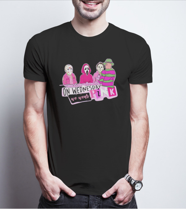 On Wednesdays We Wear Pink Horror Movie Characters Halloween Dinner Scene T-Shirt