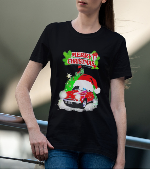 Merry Christmas Red Fiat 500 With Santa Hat And Green Background T-Shirt