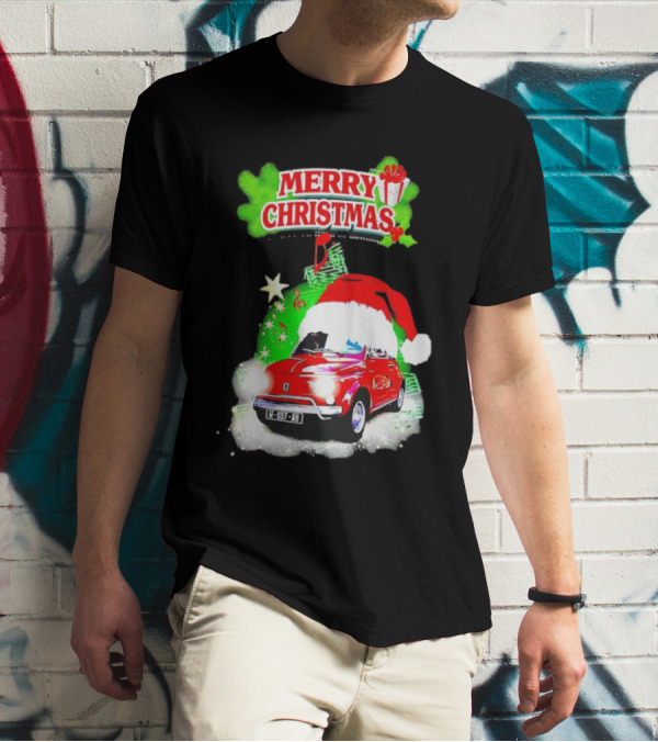 Merry Christmas Red Fiat 500 With Santa Hat And Green Background T-Shirt