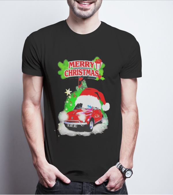 Merry Christmas Red Fiat 500 With Santa Hat And Green Background T-Shirt