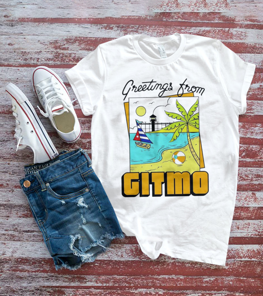 Greetings From Gitmo Beach Scene With Sailboat And Palm Tree T-Shirt