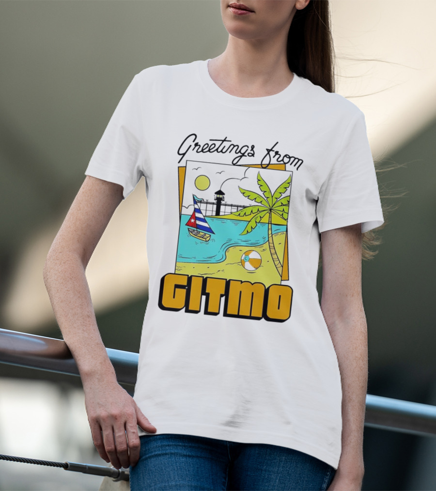 Greetings From Gitmo Beach Scene With Sailboat And Palm Tree T-Shirt