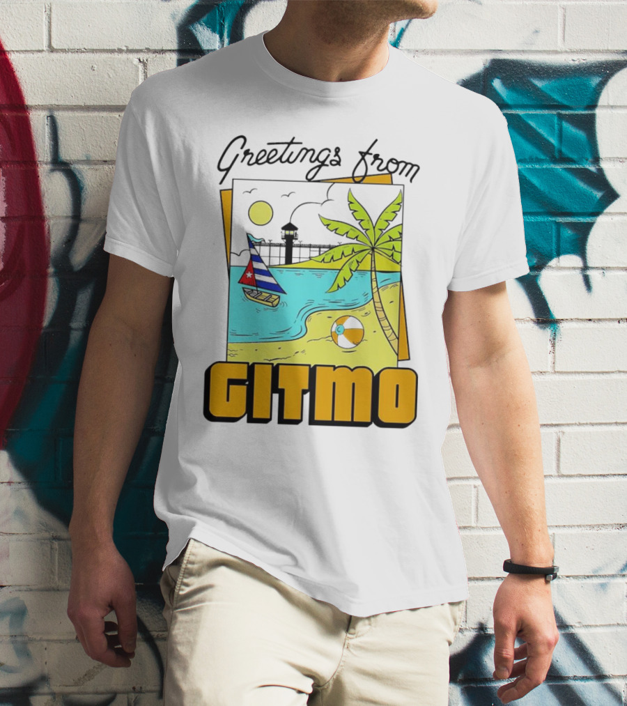 Greetings From Gitmo Beach Scene With Sailboat And Palm Tree T-Shirt