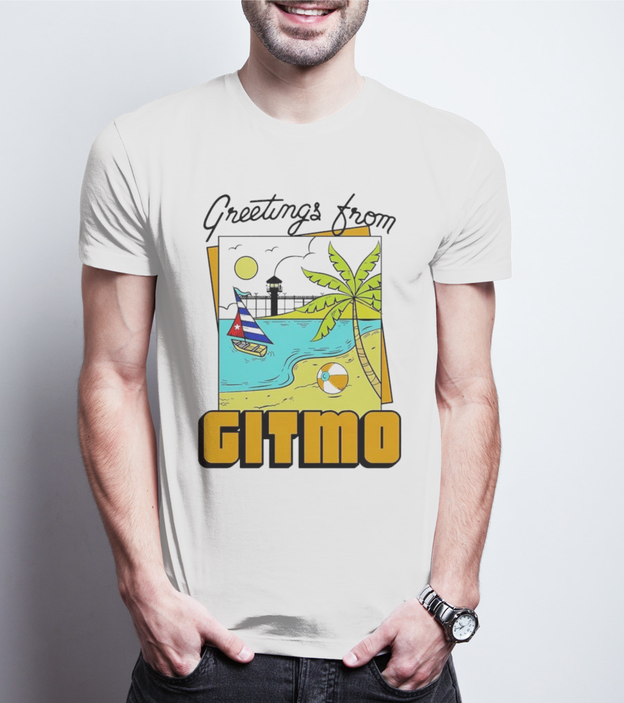 Greetings From Gitmo Beach Scene With Sailboat And Palm Tree T-Shirt