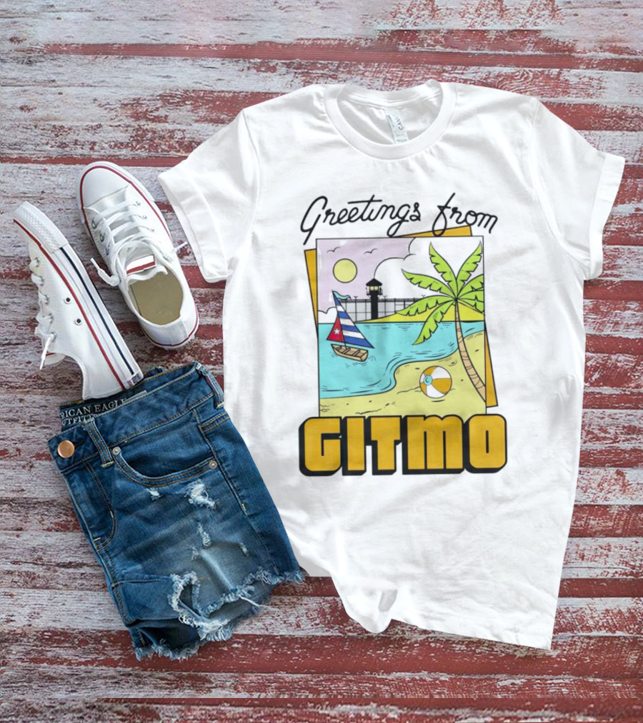 Greetings From Gitmo Palm Beach Scene With Sailboat And Volleyball T-Shirt