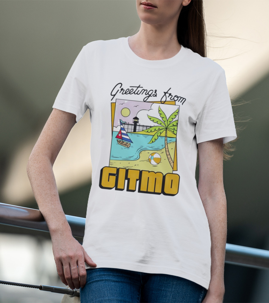 Greetings From Gitmo Palm Beach Scene With Sailboat And Volleyball T-Shirt