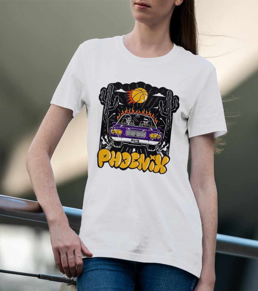 Phoenix Suns Skeletons Driving Under Basketball Sun T-Shirt