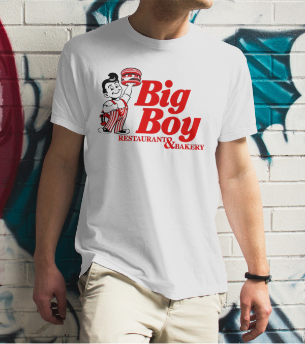 Big Boy Restaurant And Bakery Logo - Iconic Red Text With Burger Mascot T-Shirt
