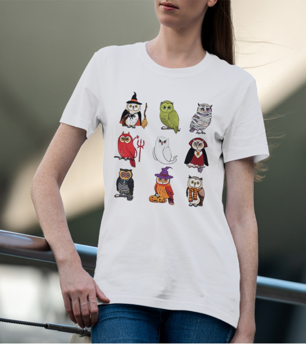 Cute Owls Halloween Witch Mummy Devil Skeleton Vampire Pumpkin Scarf T-Shirt