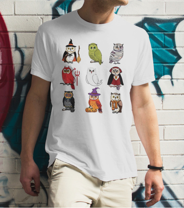 Cute Owls Halloween Witch Mummy Devil Skeleton Vampire Pumpkin Scarf T-Shirt
