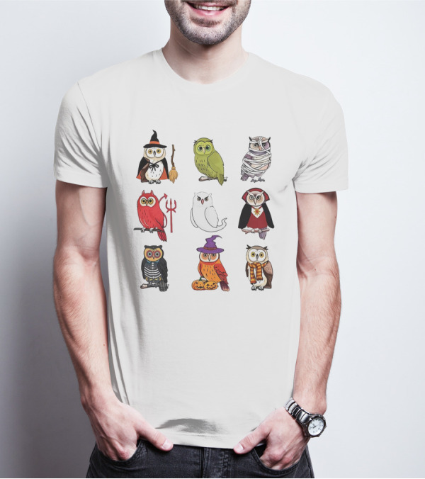 Cute Owls Halloween Witch Mummy Devil Skeleton Vampire Pumpkin Scarf T-Shirt