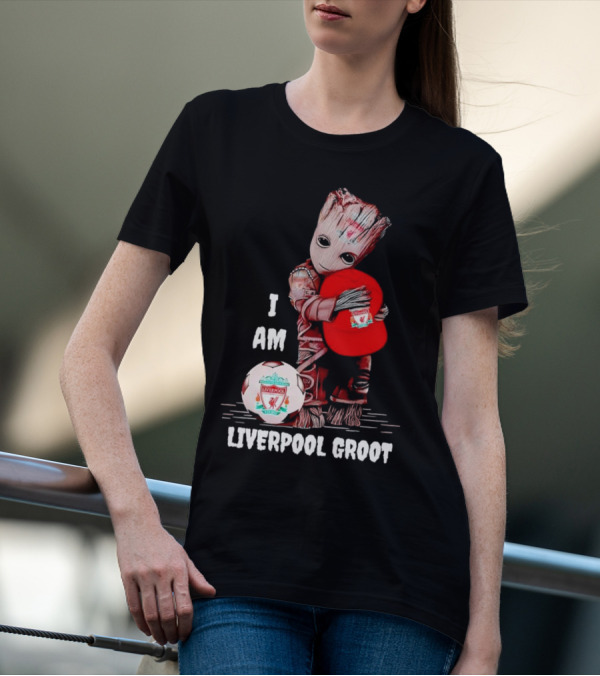 I Am Liverpool Groot Soccer Team Fan Character Holding Cap And Ball T-Shirt