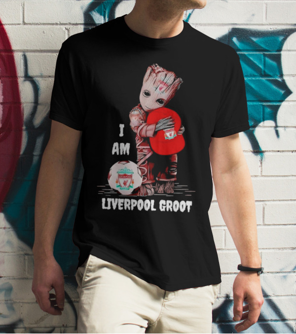 I Am Liverpool Groot Soccer Team Fan Character Holding Cap And Ball T-Shirt