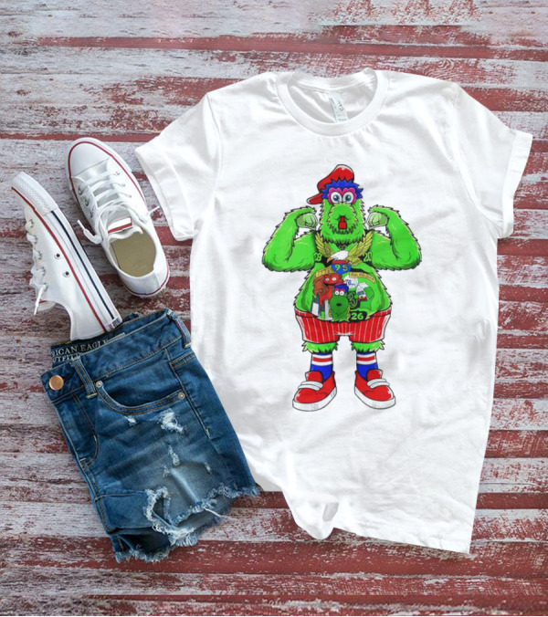Philly Phanatic Mascots Sporting Red Cap And Sneakers With 1980 2008 1985 1995 2008 Numbers T-Shirt