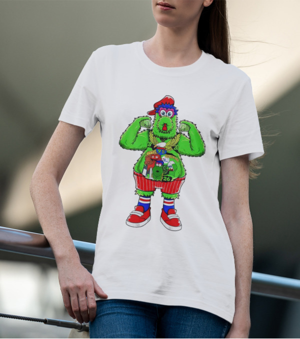 Philly Phanatic Mascots Sporting Red Cap And Sneakers With 1980 2008 1985 1995 2008 Numbers T-Shirt