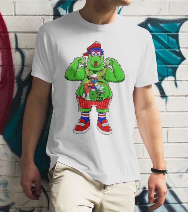 Philly Phanatic Mascots Sporting Red Cap And Sneakers With 1980 2008 1985 1995 2008 Numbers T-Shirt