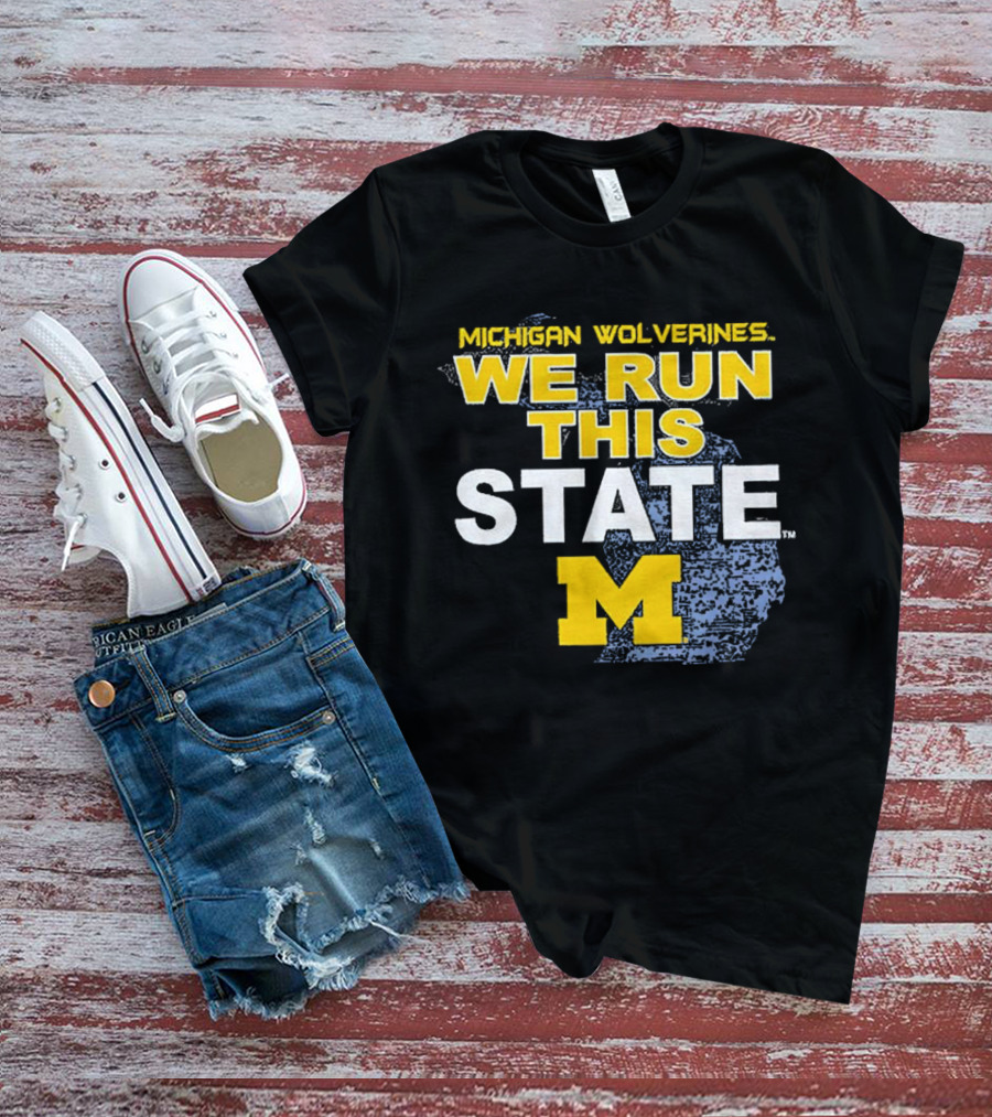 Michigan Wolverines We Run This State M Logo Michigan Map T-Shirt