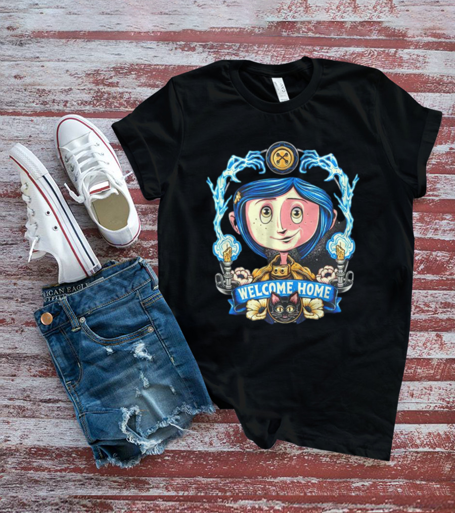 Coraline Jones Welcome Home Button Eye Electric Blue Haired Girl And Black Cat T-Shirt